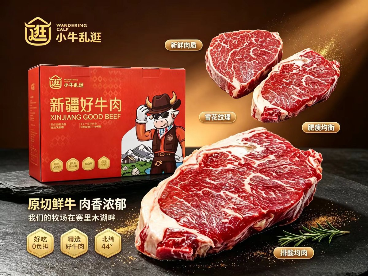 小牛乱逛新疆好牛肉礼盒，原切鲜牛肉雪花纹理